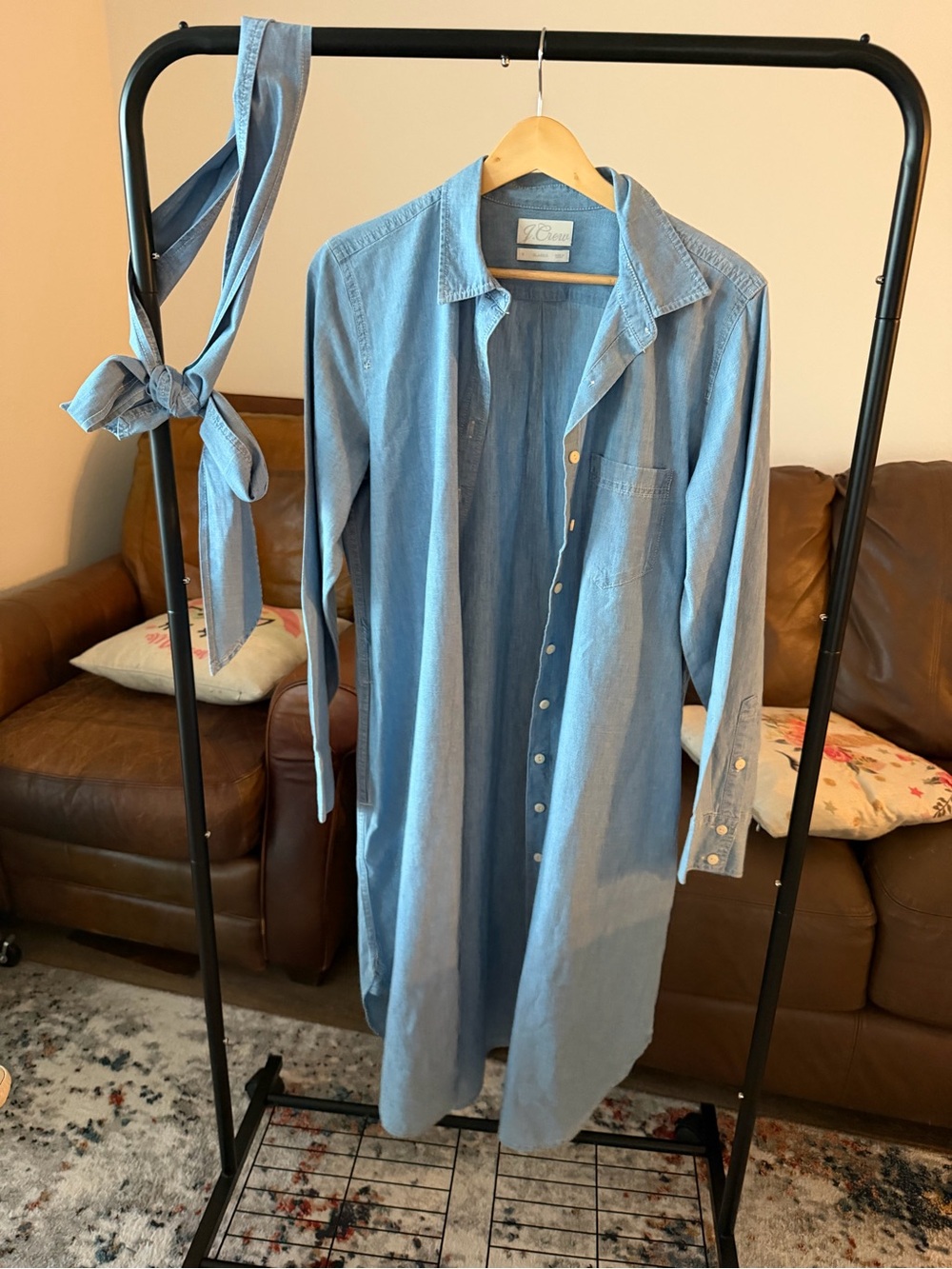 J.Crew Classic Chambray Shirt Dress Size 8 Blue 100% Cotton Belted Midi